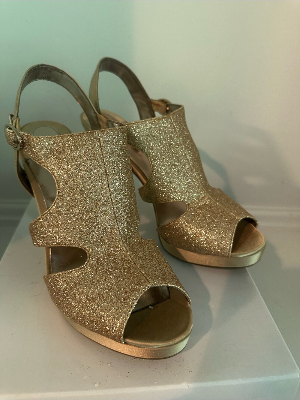 Gold Glitter Peep-Toe Slingback Heels From Alfani Size 7.5 Shoes